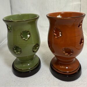 Willow House Ceramic Candle/Tea light
Holders Leaf Cut Design X 2 Rust, Green